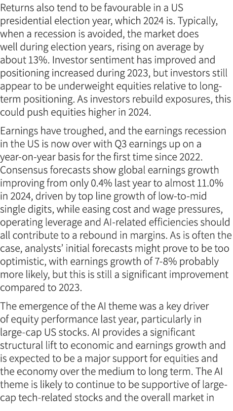 Returns also tend to be favourable in a US presidential election year, which 2024 is. Typically, when a recession is ...