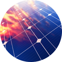 Creative abstract solar power generation technology, alternative energy and environment protection ecology business concept: 3D render illustration of the group of solar battery panel modules against scenic sunset with blue sky with sun light