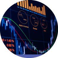 Business data, rising chart and lines on the screen. Computer monitor in the office with diagram and financial figures. Sales report, stock market data, corporate earnings and financial report.